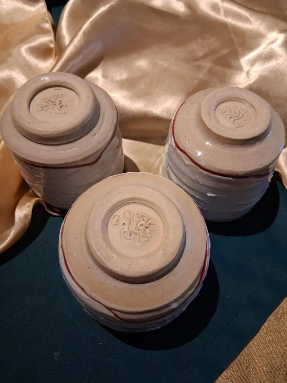 Studio Pottery Hand Thrown Yunomi Tea Cups Set of 3 Black White Red Glaze Marked
